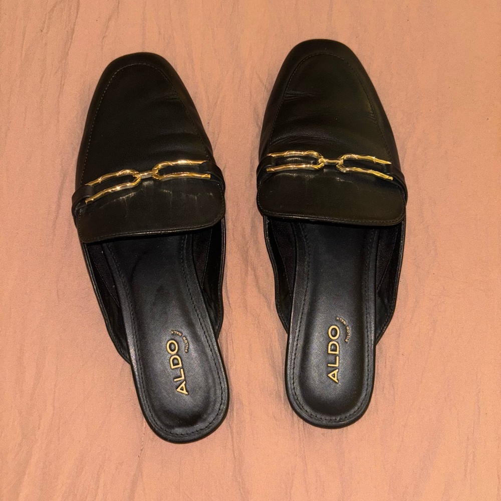 Aldo Black Mules with Gold Accent